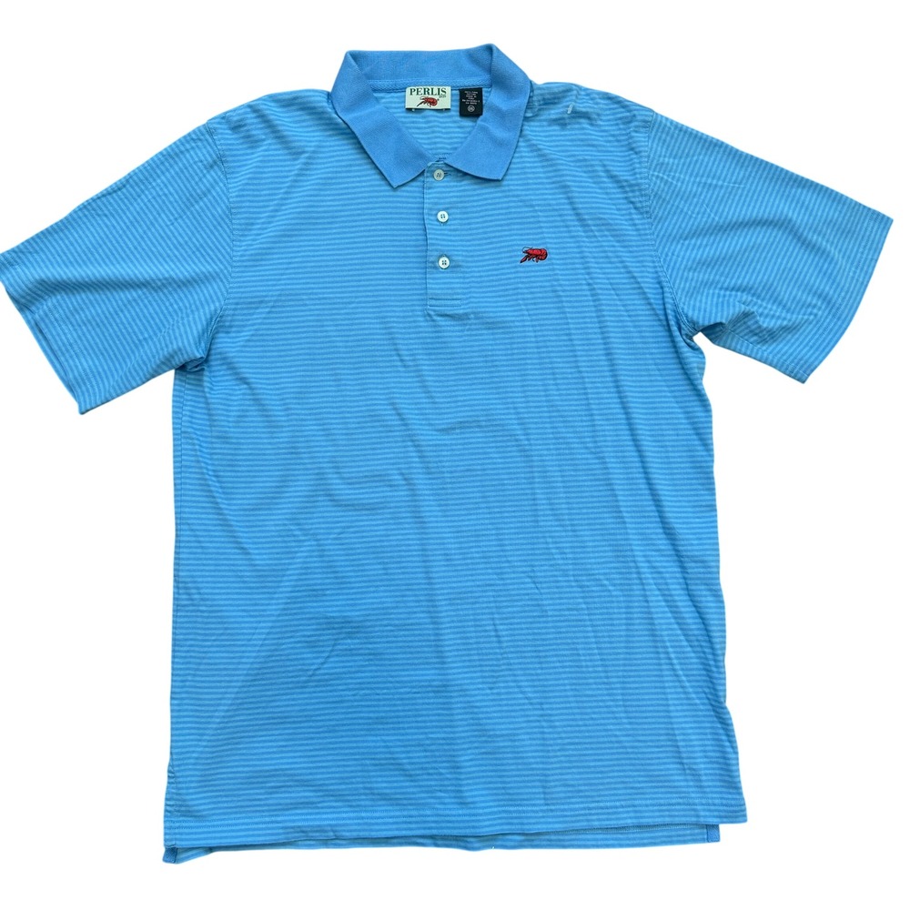 Perlis Polo Shirt Mens XXL Blue Striped Pima Cotton Crawfish Logo Short Sleeve